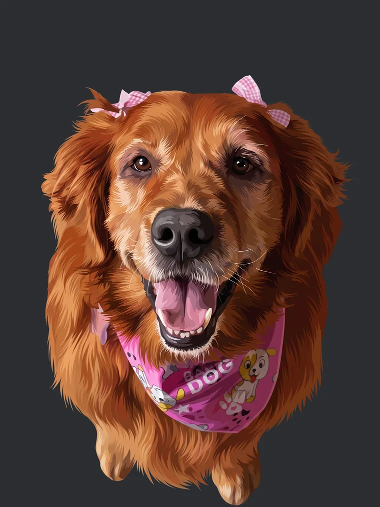 La misma golden retriever ilustrada en estilo vectorial, sobre fondo gris oscuro