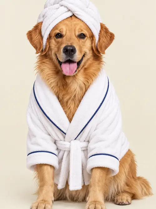 Perro en bata de baño